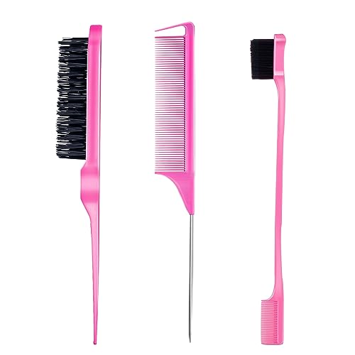 3 Pieces Hair Styling Comb Set Teasing Hair Brush Rat Tail Comb Edge Brush for Edge&Back Brushing, Combing, Slicking Hair for Women (Pink) - Pink