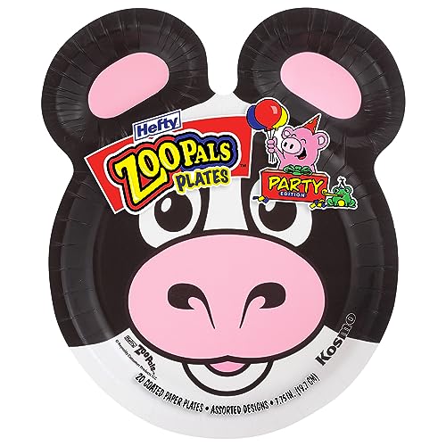 Hefty Zoo Pals Party Edition Paper Plates for Kids, Assorted Animal Designs, 7.75 Inches with Two Dipping Compartments, 20 Count
