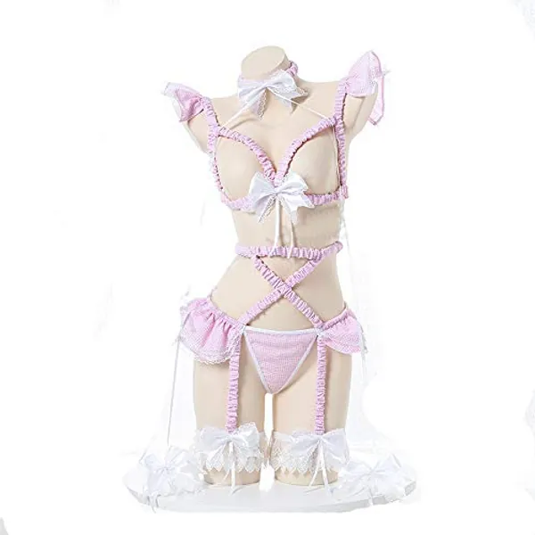 JasmyGirls Sexy Cosplay Lingerie Set Kawaii Anime Lolita Underwear Roleplay Outfit Plaid Bra Pantie Pajama with Choker Garter Belt