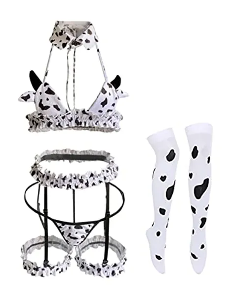 Oludkeph Cow Women Anime Milk Cosplay Costume Bikini Kawaii Bra and Panty Garter Belt Lingerie Set White Stocking
