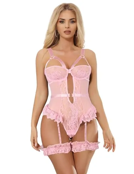 ohyeahlady Women Plus Size Lingerie Sets Sexy Mesh Lace Teddy Bodysuit with Garter Belt and Thigh Cuffs, XS-4XL