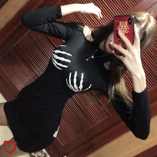 "Black Skeleton Dress: Cold Shoulder" - S
