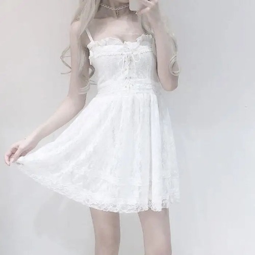 Ethereal White Lace Dress with Ruffles and Bows for a Fairy-Tale Look