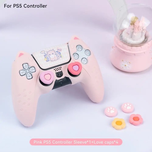 Pink Neko PS5 and Switch Controller Covers for Cute Gaming Style - PS5 Pink w/ Caps