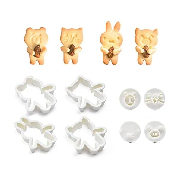 
                            Cute Animal Cookie Cutters, Bear, Cat, Bunny, Piglet Cookie Cutter and Face Stamps, 8-Piece Set
                        