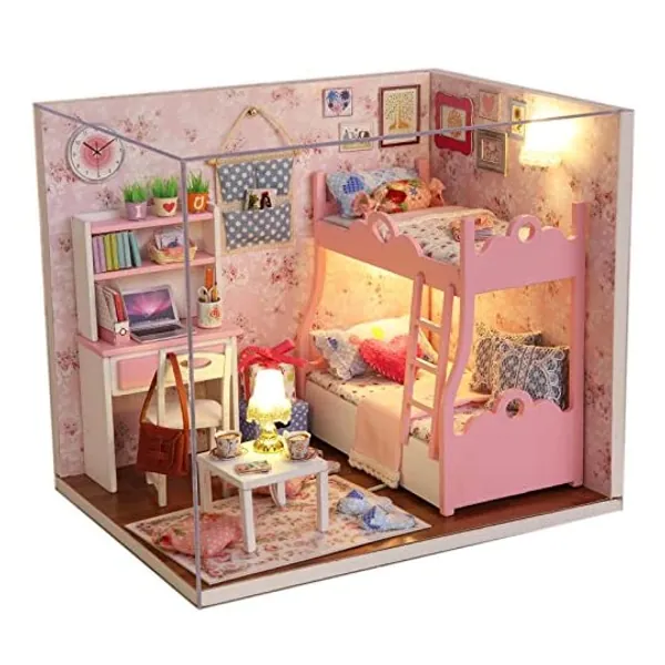 
                            Ogrmar Wooden Dollhouse Miniatures DIY House Kit with Cover and Led Light-Blossom Age
                        