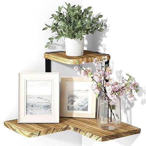 SRIWATANA Corner Shelves, 2 Tier Floating Shelves Wall Mounted, Rustic Wood Wall Shelves for Bedroom, Living Room, Bathroom, Kitchen, Office and more - Carbonized Black