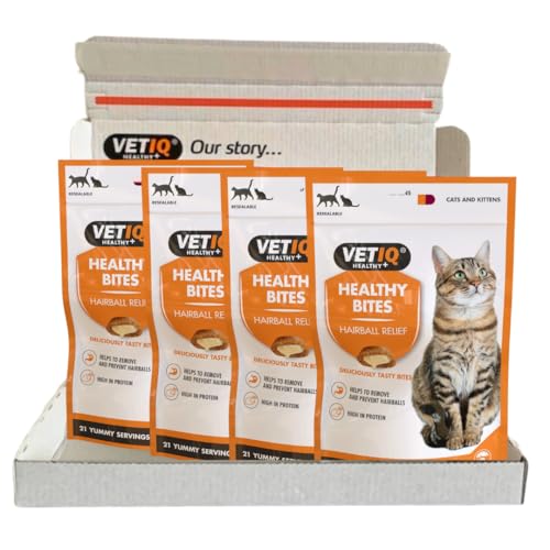 VetIQ Healthy Bites Hairball Remedy Cat Treats, 4x 65g, Helps Prevent & Remove Cat Hairballs, Cat Supplement with No Artificial Ingredients, Cat & Kitten Health, Omega 3 & 6 Fatty Acids - Chicken - 65 g (Pack of 4)