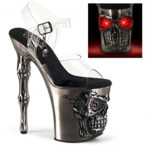 Pleaser RAPTURE-808-LT Clear Strapped Sandal with Satin Pewter Chrome Skull Platform and Finger Bone Heels