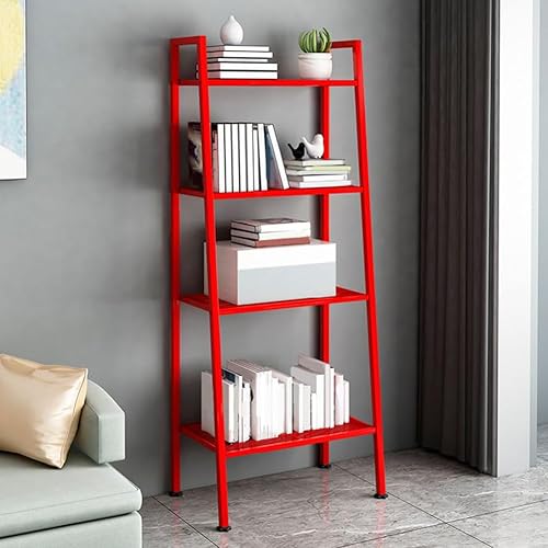 Ladder Metal Bookshelf Modern Bookcase with Rectangular Shelves Storage Rack Kitchen Storage Rack Multi-layer Bookshelf Floor-to-ceiling Trapezoidal Balcony Flower Stand Red(24"L x 14"W x 58"H, Red) - Red - 24"L x 14"W x 58"H