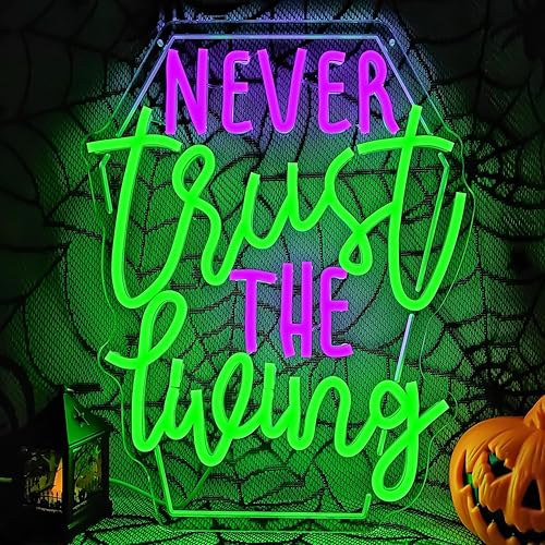 Never Trust The Living Neon Sign Halloween Led Sign for Wall Decor Halloween Tombstone Neon Light for Party Chamber of Secrets Spooky House Bedroom Dimmable USB Led Light Sign - Never Trust The Living