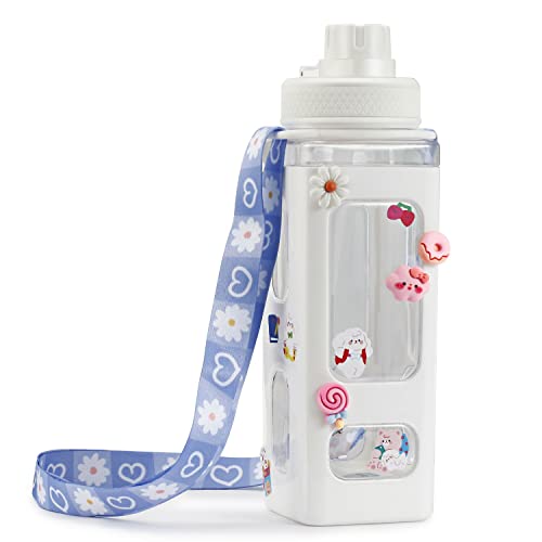 NEWSTYP Kawaii Bear Pastel Water Bottle With 3D Sticker 700ml Plastic Travel Tea Juice Milk Portable Cute Shaker Drink Bottle Gift (White) - White