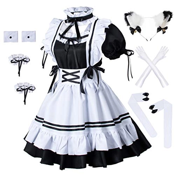 Wannsee Anime French Maid Apron Lolita Fancy Dress Cosplay Costume Furry Cat Ear Gloves Socks Set(Black/Pink)