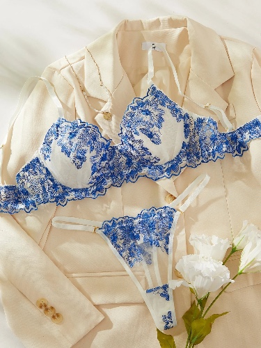 Floral Lace Push Up Bra Intimate Set Embroidery - Blue / M