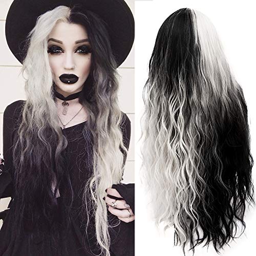Mildiso Long Wigs for Women 26'' Black White Wig Cute Colorful Silver Hair Wig with Comfortable Wig Net Perfect Wigs for Party Halloween M051 - Black/Silver