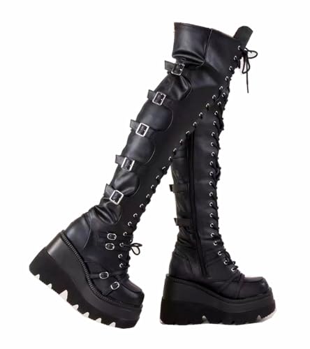 Gothniero Black Platform Boots Over Knee Thigh High Goth Boots for Women Chunky Heel Rave Motorcycle Boots with Buckles Side Zip Lace Boots Size5.5-10 - 8 - Black
