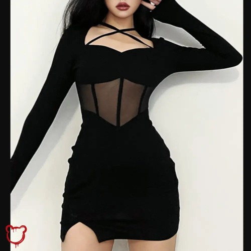 Black Mesh Patchwork Dress - Black Dress / S