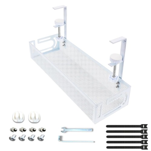 Under Desk Cable Management Tray White,15.7" Cable Tray with Clamp for Desk Wire Management, Standing Desk Cord Organiser Box for Office, Home. No Damage to Table. No Drill 40cm Organizer