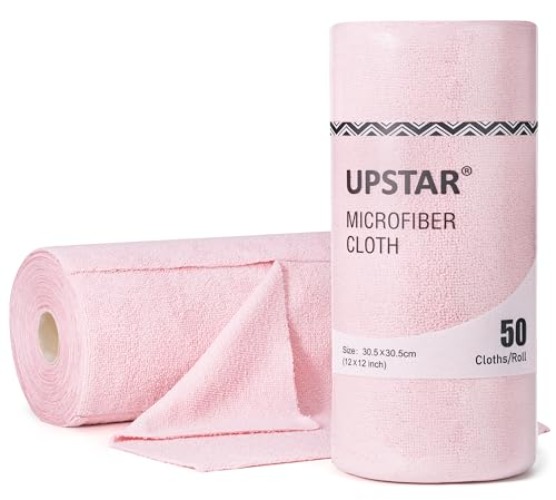 UPSTAR Microfiber Cleaning Cloth, Reusable Paper Towels Rolls, Dish Rags for Washing Dishes, Kitchen, Bathroom, Car, 12x12 inch, 50 Packs/Roll, Pink - Pink - 50