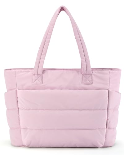BAGSMART Tote Bag for Women, Lightweight Puffy Tote Bag with Compartments, Quilted Shoulder Bag Handbag for Travel, Work - Pink