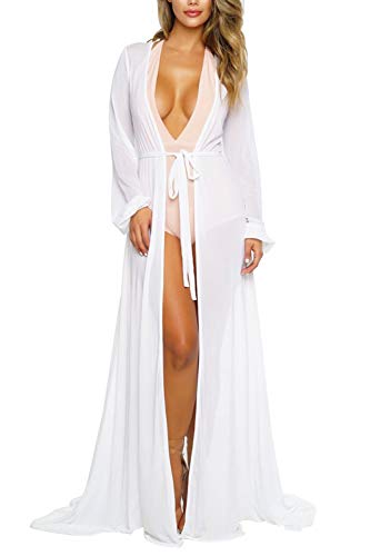 Pink Queen Women's Long Sleeve Flowy Maxi Swimsuit Tie Front Robe Cover Up - White - Large
