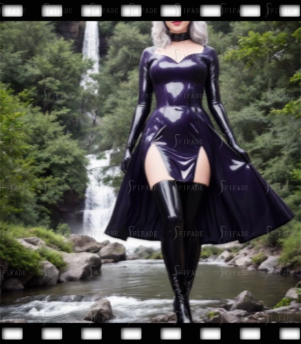 Latex Long Sleeves Dress Tripetal Flower Hem Fitted Slim Sweat Heart Neck Back Zip Under Knee Length Customized 0.4mm