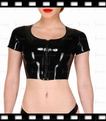 Latex Tops Girls Glued Tank Sexy Black Front Zip Customized 0.4