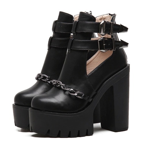 Rock Style Women High Heel Boots With Chain / Round Toe Thick Platform Buckle Shoes | Black / 10