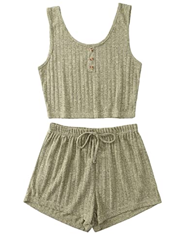 SOLY HUX Women's Button Front Ribbed Knit Tank Top and Shorts Pajama Set Sleepwear Lounge Sets - Small - lime