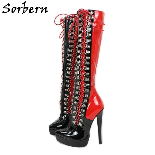 Sorbern Double Lace Up Boots Knee High Black And Red Platform Drag Queen Cross Dresser