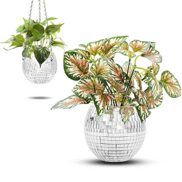 Disco Ball Planter for Indoor and Outdoor Plants | 6 Inch Self Watering Hanging Flower Pot with Hook | Unique Boho Decor Vase for Home, Office, Balcony or Patio | Great for a Succulent or Snake Plant