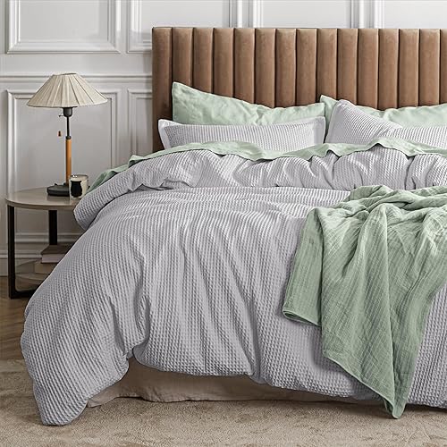 Bedsure Waffle Comforter Set Queen, Grey Soft Cotton Bedding Set for All Seasons, Waffle Weave Bed Set, 3 Pieces, 1 Comforter (90"x90") and 2 Pillow Shams, Premium Cotton Cover with Polyester Fill - Queen - 05 - Grey