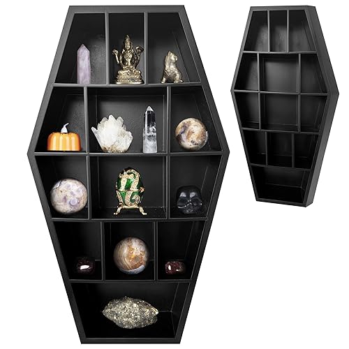 Gothic Curiosities Curio Coffin Shelf - Wooden Goth Decor for Display or Storage of Shot Glasses, Mini Figures, Rocks, and More - 17 by 9.75 by 2.75 Inches - Black