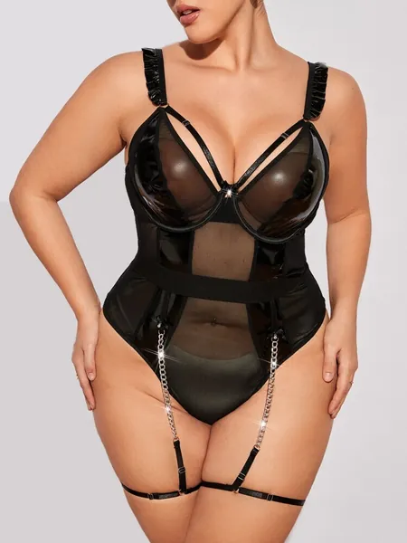 Plus Mesh Harness Teddy Bodysuit With 1pair Leg Ring