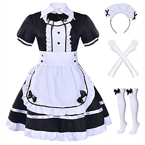 Alaiyaky Maid Dress Costume, 8Pcs French Maid Outfit for Women Girls, Gothic Fancy Dress with Headwear Stockings Gloves Apron, Maid Dress Up for Halloween Carnival Cosplay - Maid Dress - 3XL