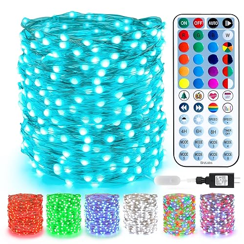 BrizLabs Christmas Fairy Lights, 66ft 200 LED Color Changing Fairy Lights with Remote, Plugin RGB Rainbow Christmas Twinkle Lights Indoor Green Fairy Lights for Christmas Halloween Party Wedding Decor - 200 LED - Adapter