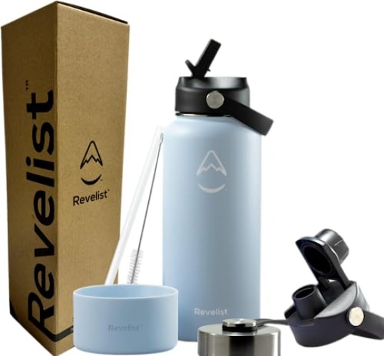 Revelist Sports Water Bottle - 32 Oz, 3 Lids (Straw Lid, Spout & Screw Top) with Boot, Vacuum Insulated Stainless Steel, Double Walled, Reusable Water Flask, Metal Canteen - Mist Blue - 32 oz (946 ml) Wide Mouth - Mist Blue