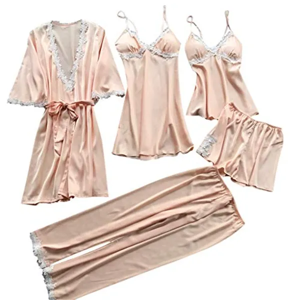 BUKINIE Womens Silk Stain Pajamas Set 5PCS Sexy Cami Top Nightgown Lace Sleepwear Robe Sets Nightdress Lingerie
