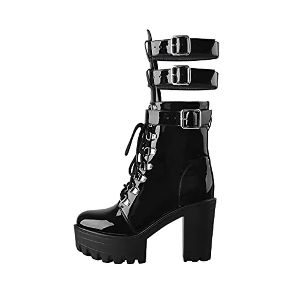 Only maker Women's Lace Up Ankle Boots with Track Sole Punk Biker Motorcycle Booties