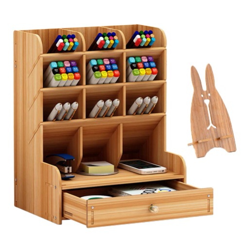 Marbrasse Wooden Desk Organizer, Multi-Functional DIY Pen Holder, Pen Organizer for desk, Desktop Stationary, Easy Assembly, Home Office Art Supplies Organizer Storage with Drawer (B11-Cherry Color) - B11-Cherry Color
