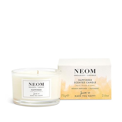 NEOM- Happiness Scented Candle, Travel Size | Essential Oil Aromatherapy Candle | Neroli, Mimosa & Lemon | Scent to Make You Happy,White,1101175 - Happiness - 75 g (Pack of 1)