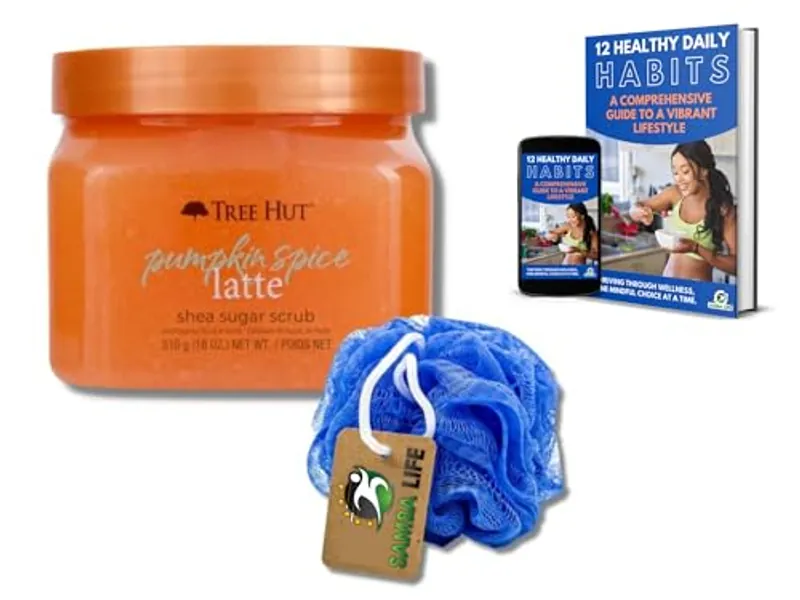 Tree Hut Shea Sugar Scrub Pumpkin Spice Latte Bundle with Samba Life Mesh Bath and Shower Sponge for a Exfoliating Body Scrubber and eBook. (Pumpkin Spice)
