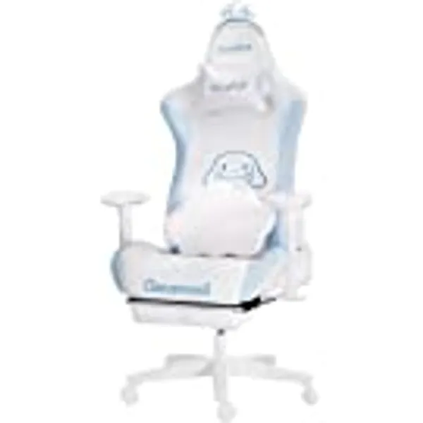 AutoFull Cinnamoroll Gaming-Stuhl Ergonomischer Schreibtisch-Computerstuhl mit hoher Rückenlehne und Lendenwirbelstütze, PU-Leder-Arbeitsstuhl mit Fußstütze, Weiß und Blau