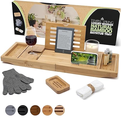 Temple Spring Vassoio da bagno estensibile per vasca da bagno con candele, bicchieri da vino, libri,supporti per iPad e telefono,vassoio da bagno regolabile in bambù sopra gli accessori vasca-Naturale - Naturale