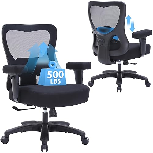 Big and Tall Ergonomic Office Chair 500LBS,Home Office Desk Chair for Heavy People,Mesh Office Chair with Adjustable Arms,High Back Executive Computer Chair with Wide Seat,2D Lumbar Support