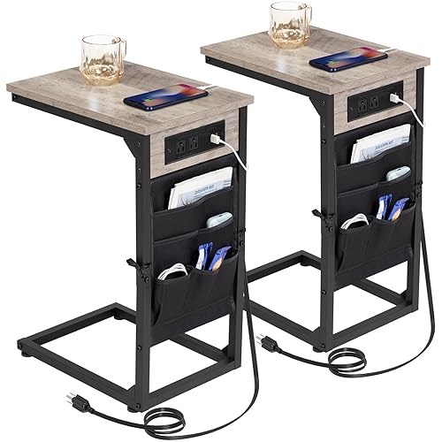 AMHANCIBLE Couch Table, C Shaped End Table with Charging Station, TV Tray Set of 2, Side Table with Storage for Couch, Sofa Table for Living Room, Grey HET04CGY - Greige - 2