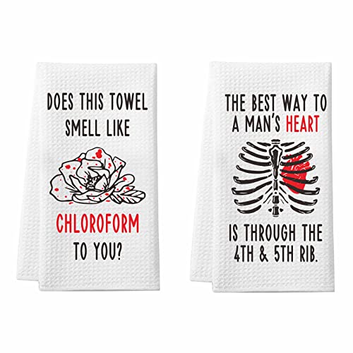 2 Pack Funny Gothic Kitchen Towels, Serial Killer Gifts for Women, True Crime Chloroform Bathroom Towels, Goth Home Decor, Morbid Podcast Merch, Does This Towel Smell Like Chloroform to You - Chloroform
