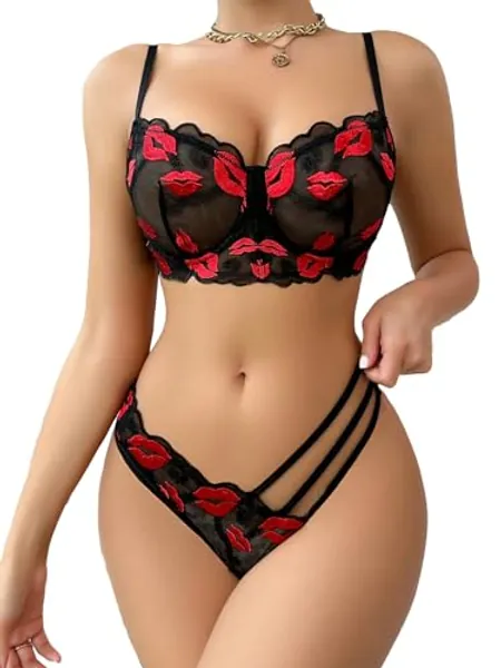 WDIRARA Women's Sexy Floral Lace Print Embroidered Mesh Sheer Underwire Lingerie Set with Belt