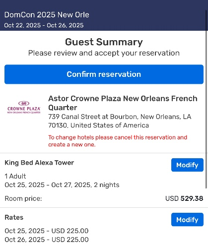 REIMBURSEMENT: DomCon - 2 night stay in NOLA