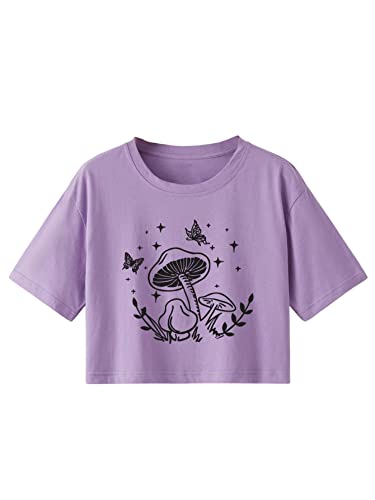 SweatyRocks Women's Cute Floral Print Cropped Tee Short Sleeve Crop Top - Medium - Purple Mushroom